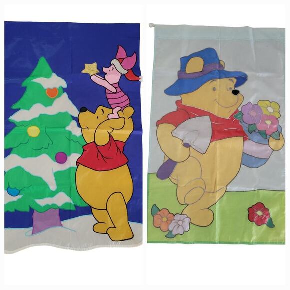 Vintage Winnie The Pooh 100 Acre Woods Yard & Garden Outdoor Flags Set of 2 - Picture 1 of 12